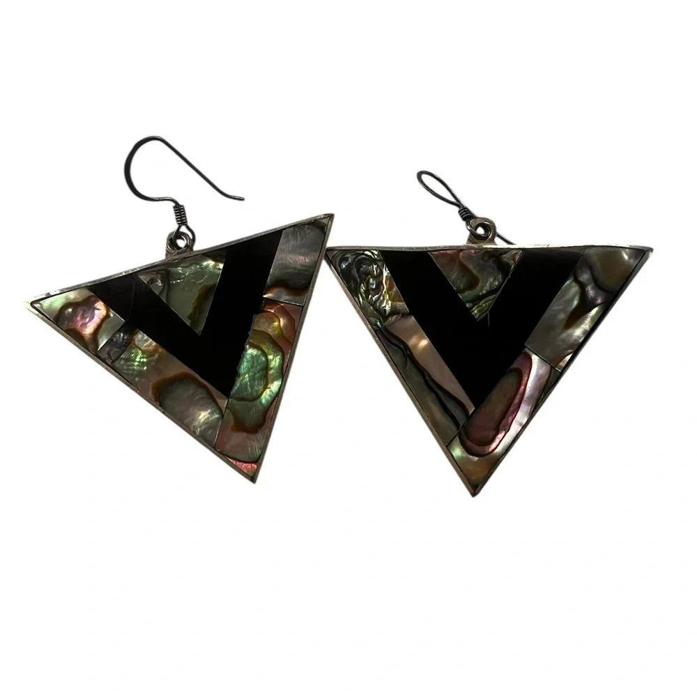 Vintage Alpaca Silver, Abalone & Mother of Pearl Night Sky Celestial Earrings - Picture 1 of 6